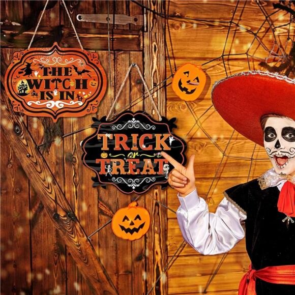 2 Pieces Halloween Wood Door Decorations Trick or Treat Hanging Sign - Picture 4 of 8